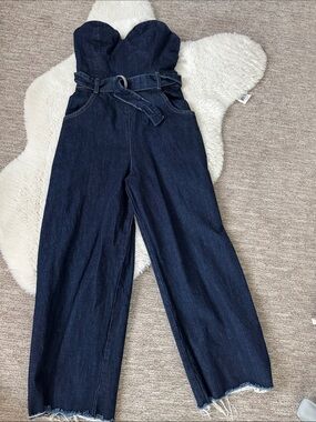 Zara Dark Blue Strapless Wide-Leg Denim Jumpsuit with Belt